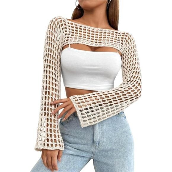 Tops - Womens Crochet Cropped Knit Top VARIETY OF COLORS